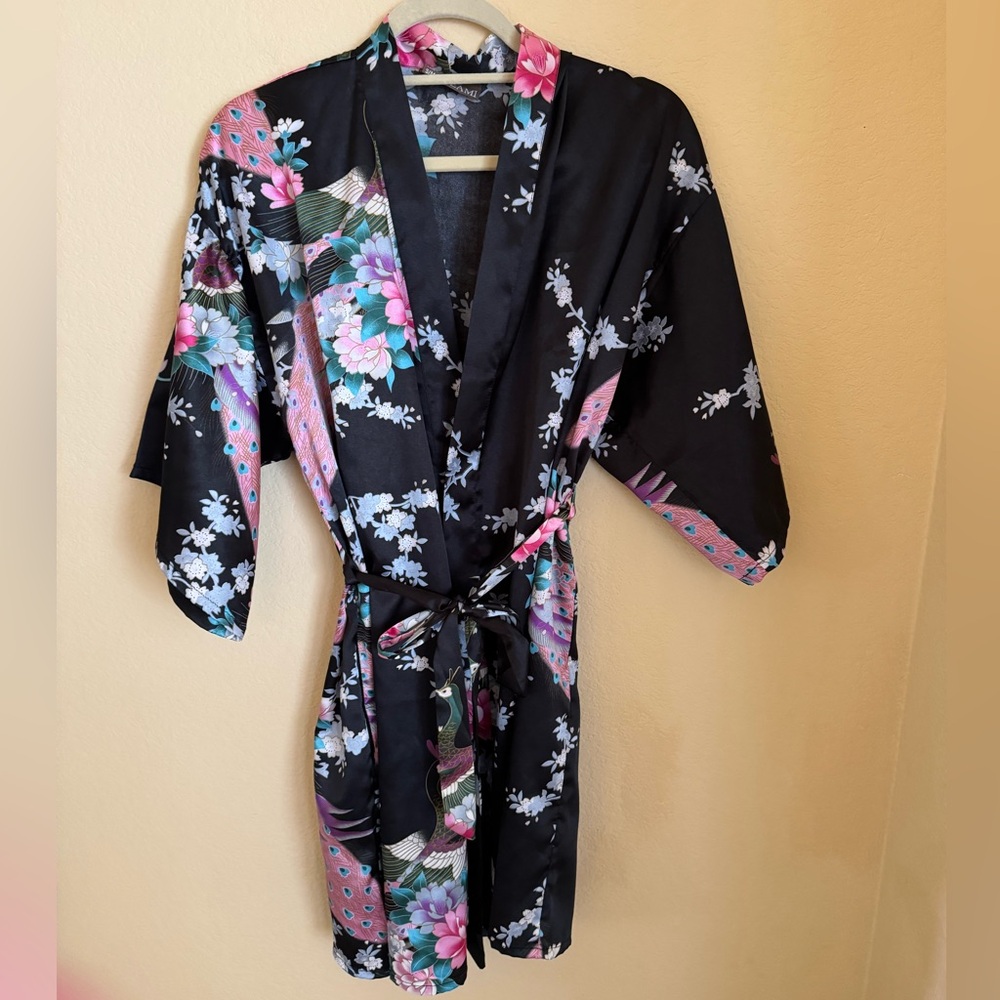 Veami Floral Black Short Robe S/M EUC
